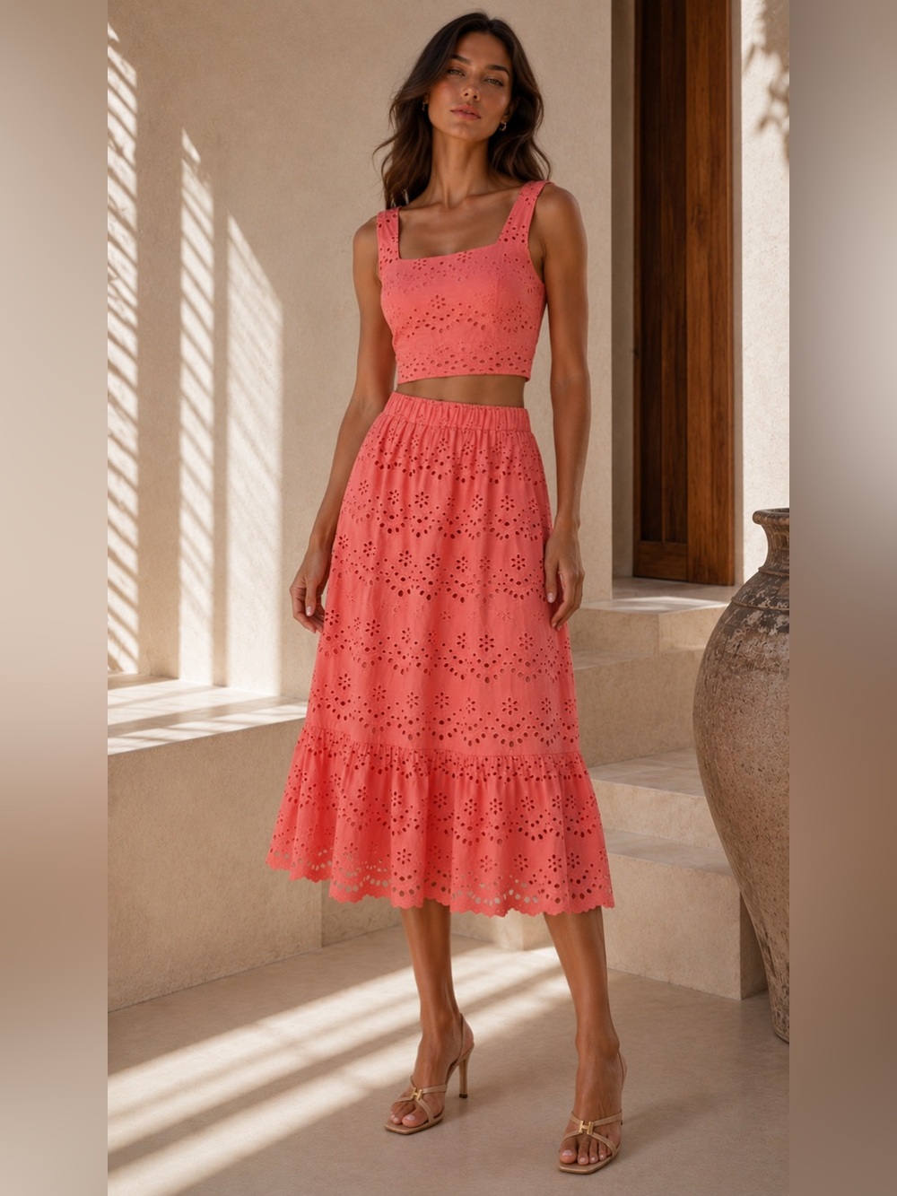 Joie Cotton Eyelet Two-Piece Set – Coral | Size S